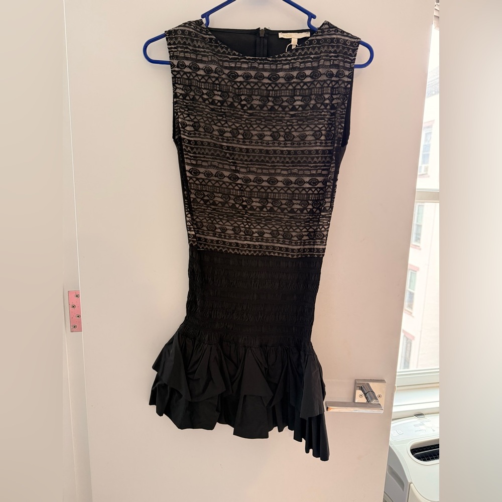 Maje Black lace mini dress with ruffled skirt